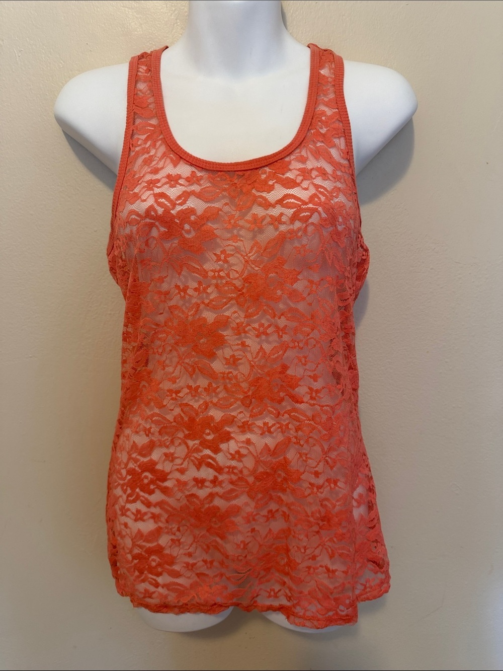 Eyeshadow Coral Floral Lace Racerback Tank Top